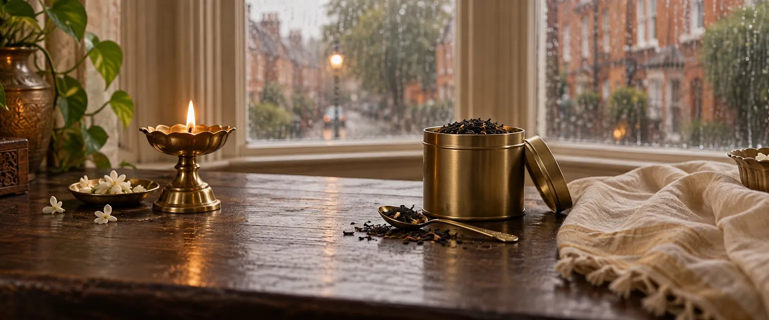 A brass diya and a tea tin by a bay window on a rainy brick street - Financial Astrologers in UK
