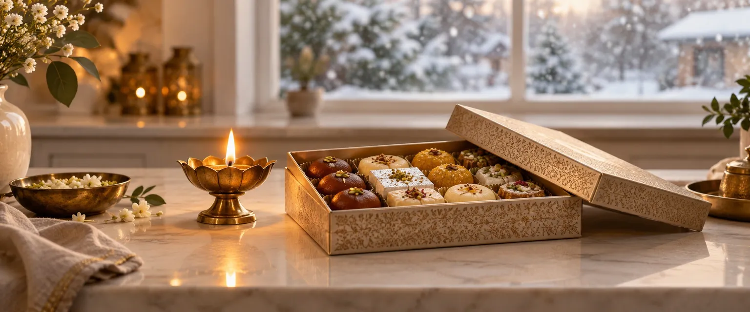A lit diya and a box of Indian sweets on a kitchen counter, snow outside - Financial Astrologers in USA