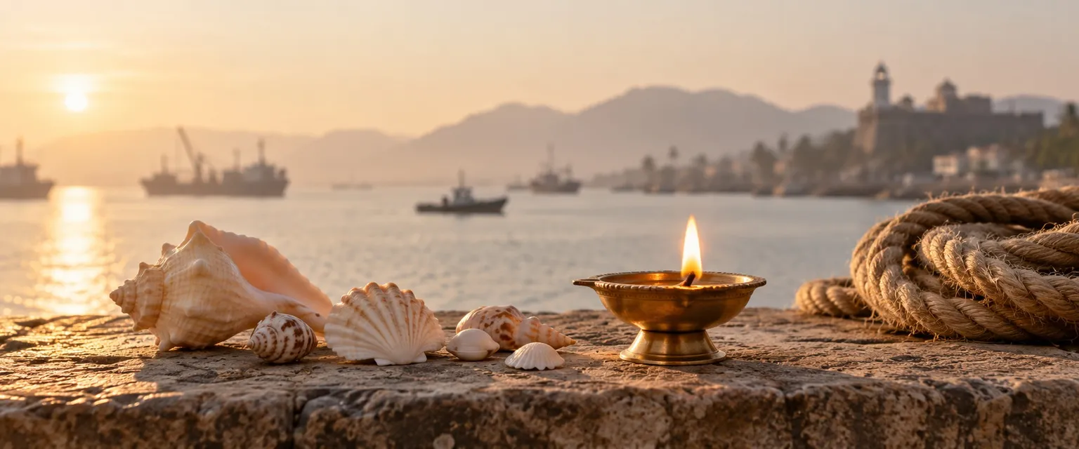 Seashells and a lit diya on a harbour ledge with blurred ships beyond - Financial Astrologers in Visakhapatnam