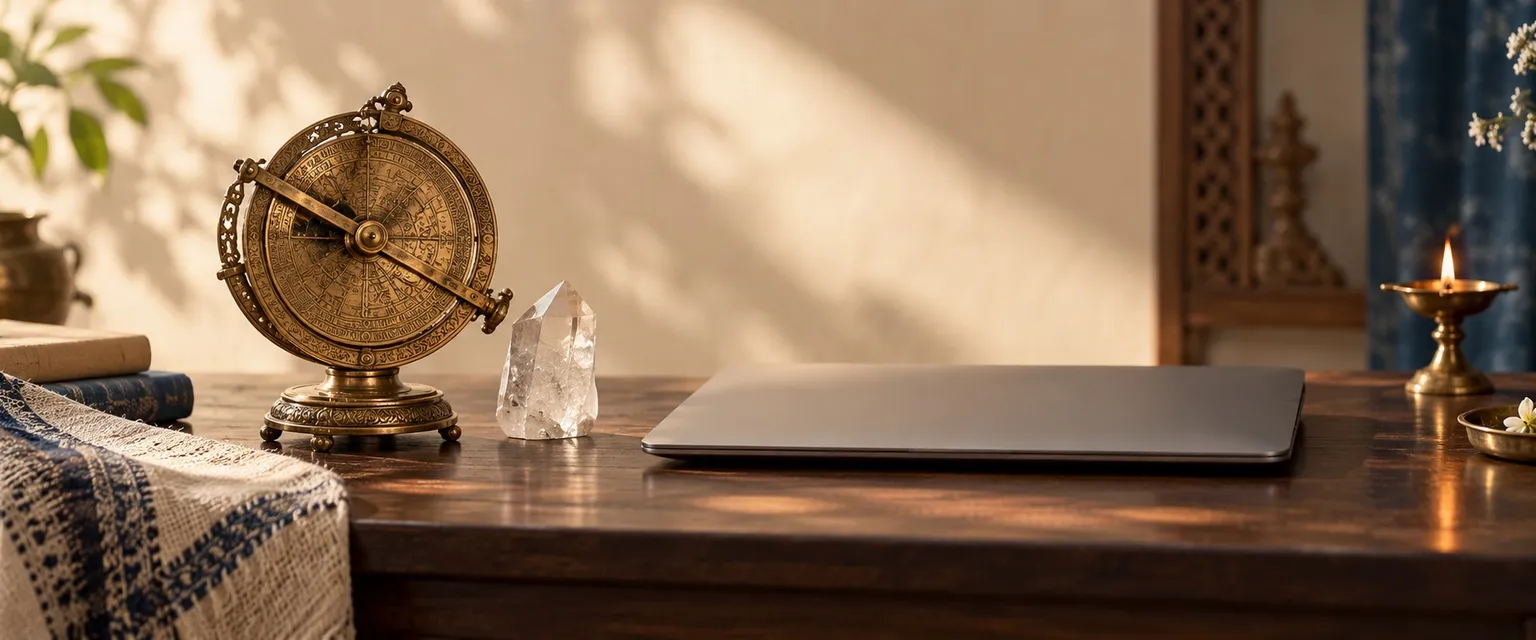 A brass astrolabe beside a closed laptop and a quartz crystal on a dark desk - The Technology Behind Mercury & Jupiter AI