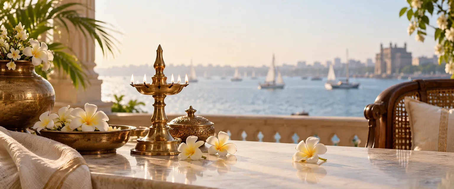 A brass diya and frangipani on a sunny harbour balcony - Financial Astrology Australia