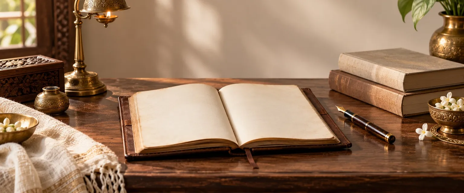 An open blank journal, a fountain pen and a brass lamp on a writer's desk - Financial Astrology Blog