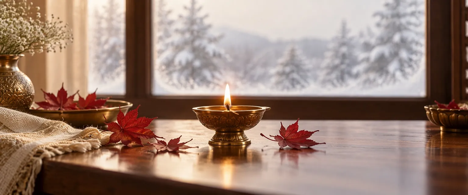 A lit diya and red maple leaves on a table by a frosted window - Financial Astrology Canada