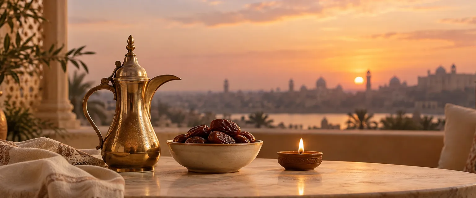 A brass coffee pot, dates and a lit diya on a terrace at dusk - Financial Astrology Dubai &  UAE