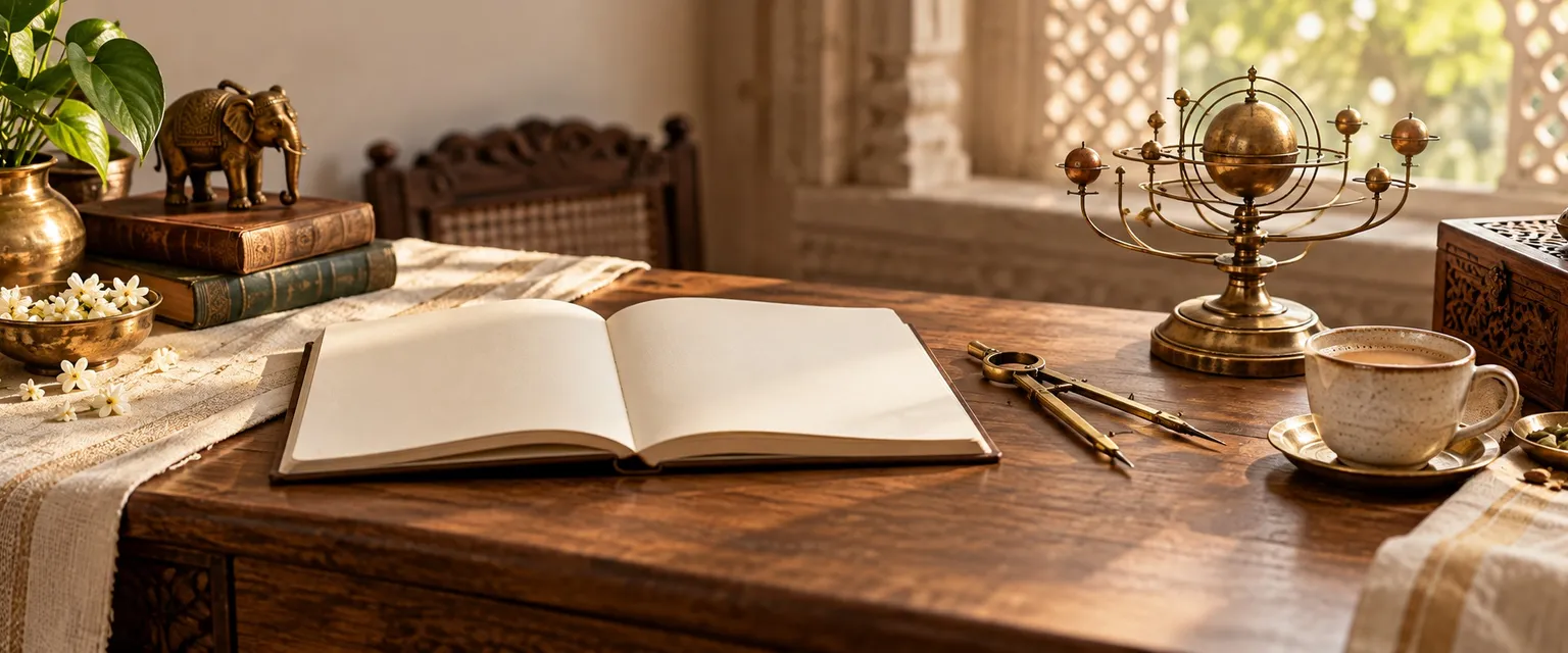 An open blank notebook, a brass compass and a small orrery on a sunlit study table - Financial Astrology Starter Guide: A Beginner's Introduction