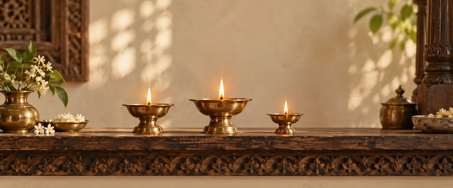 Three lit brass oil lamps of different sizes in a row on a wooden ledge - Subscription Plans