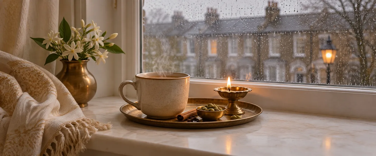 A cup of chai and a lit diya on a rainy London window sill - Financial Astrology UK