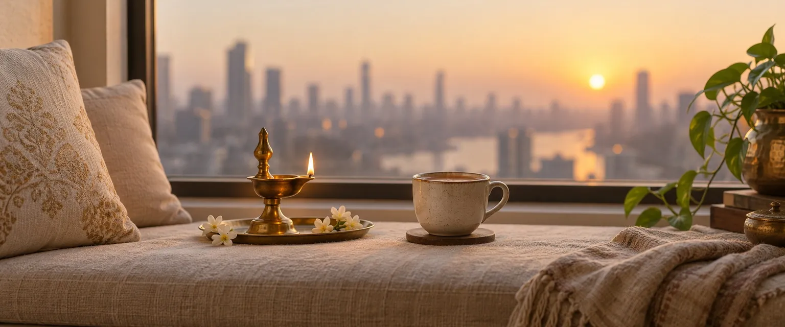A brass diya and a cup of chai on a window seat before a city skyline at dawn - Financial Astrology USA