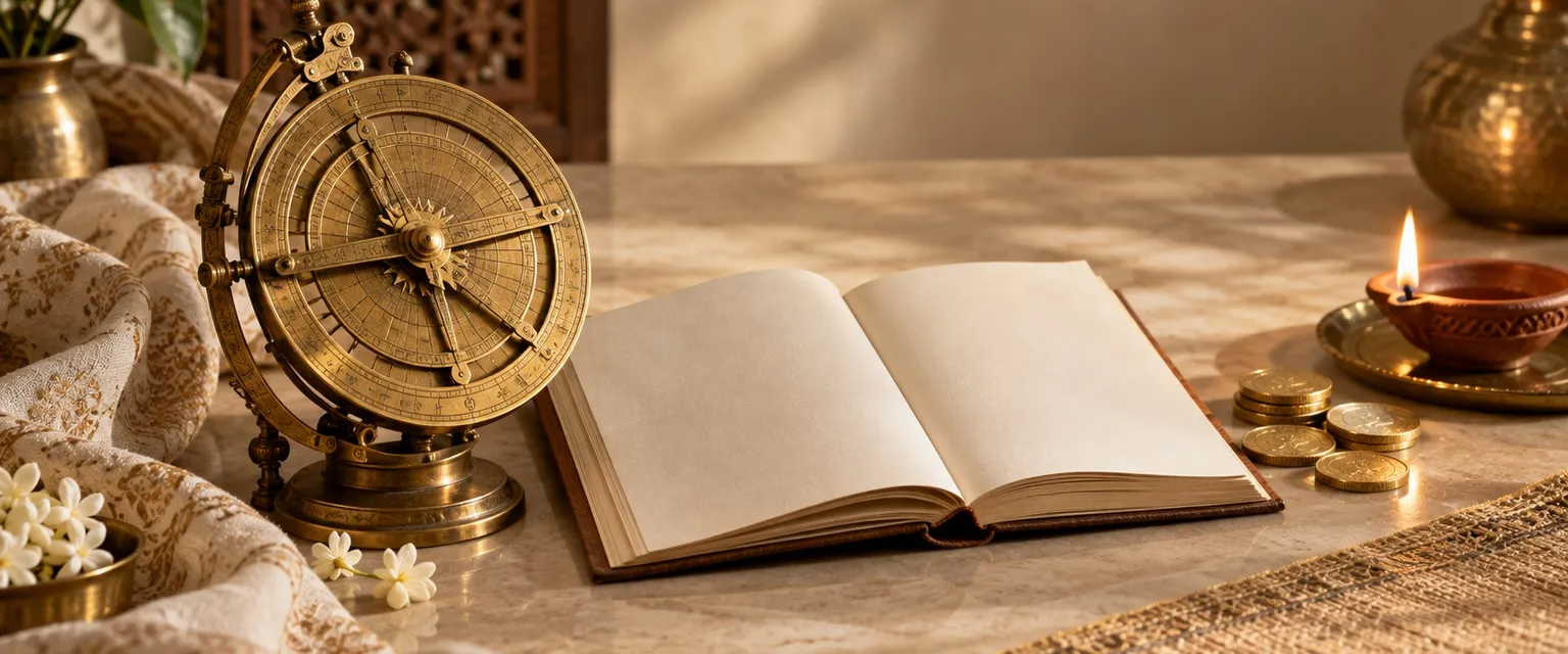 A brass astrolabe on an open blank ledger beside gold coins and a lit diya - Financial Astrology