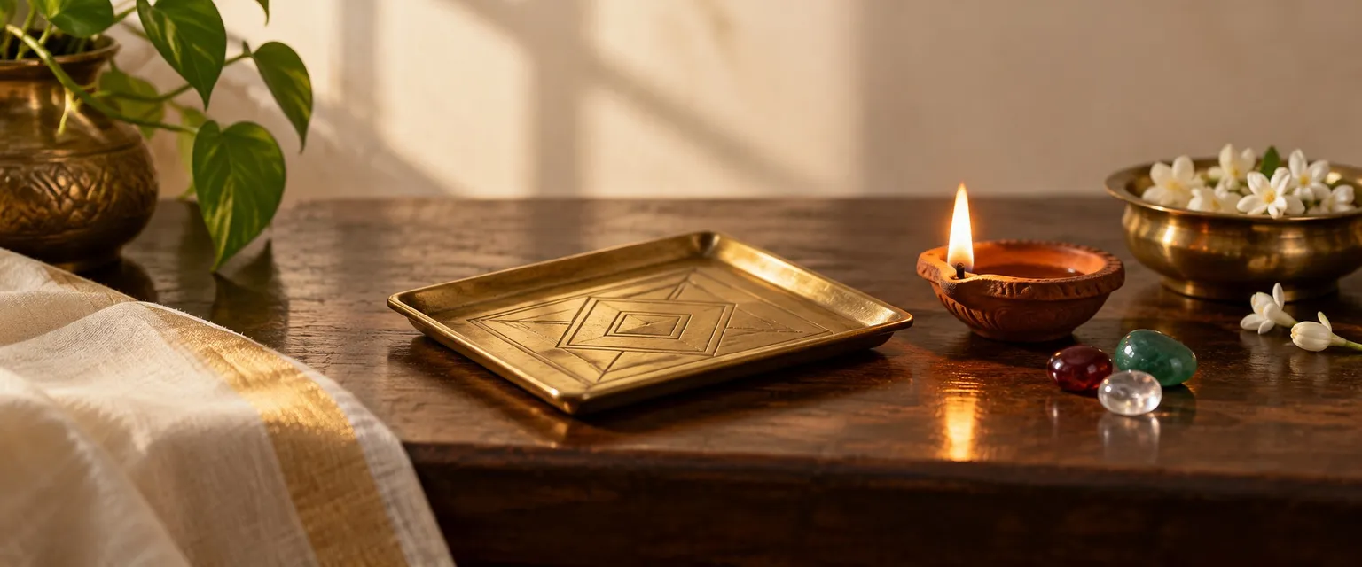 An engraved square brass plate beside a lit diya and small gemstones - Free Financial Birth Chart Report