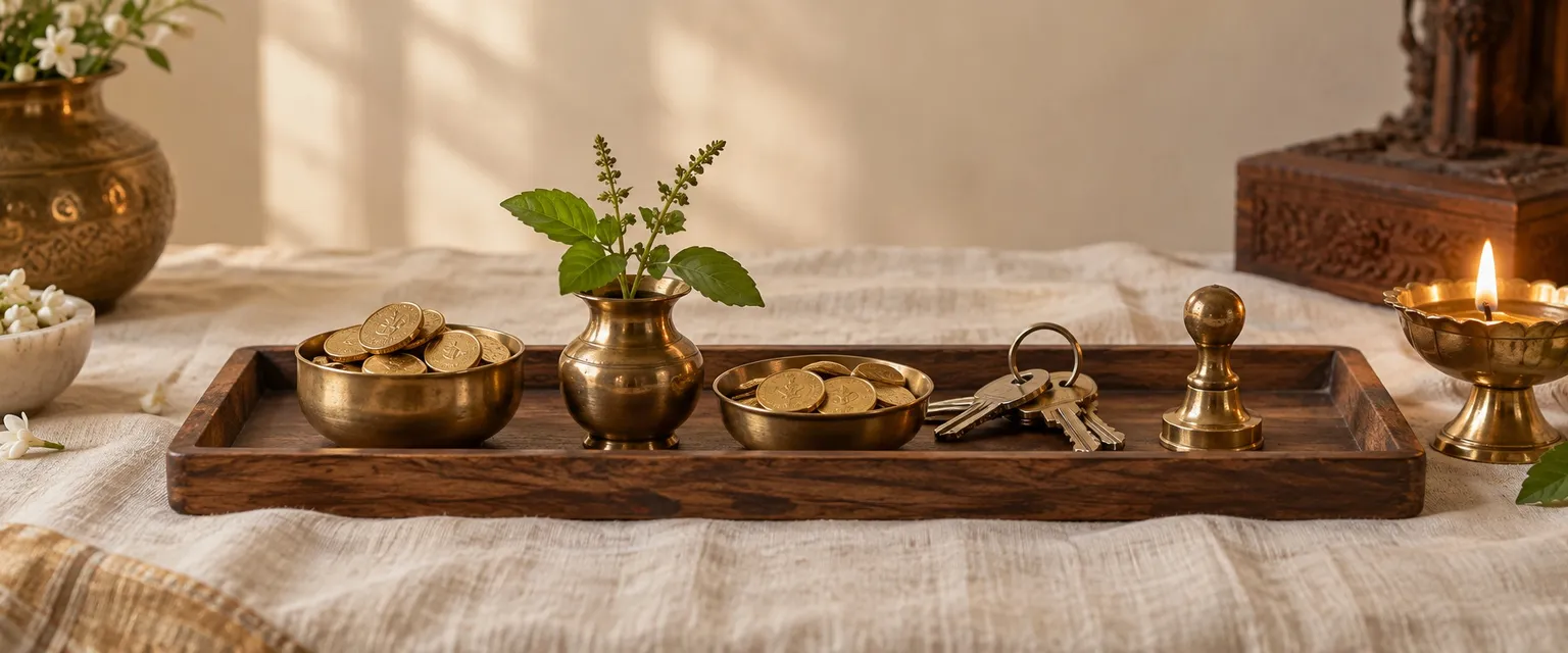 A wooden tray of small brass bowls with coins, a kalash, house keys and a seal beside a lit diya - Free Financial Calculators & Muhurat Tools