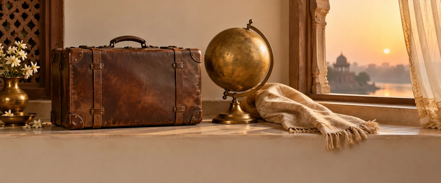 A leather suitcase beside a brass globe and a folded shawl by a window at dawn - Foreign Job Astrology: Videsh Yoga & Timing