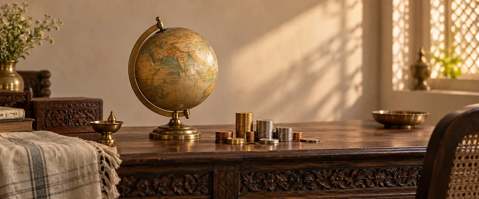 A brass globe beside small piles of plain metal coins of different sizes - Forex Astrology: USD/INR & Currencies in the Vedic Tradition