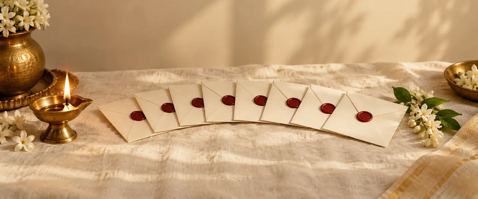 Cream envelopes sealed with red wax, fanned out beside a lit diya and jasmine - Free Personalized Financial Astrology Reports