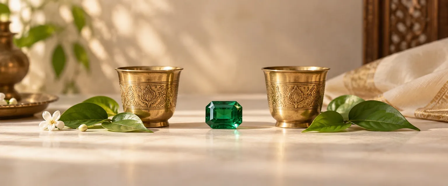 An emerald between two matching brass cups with green leaves - Gemini Weekly Financial Horoscope: Money & Business