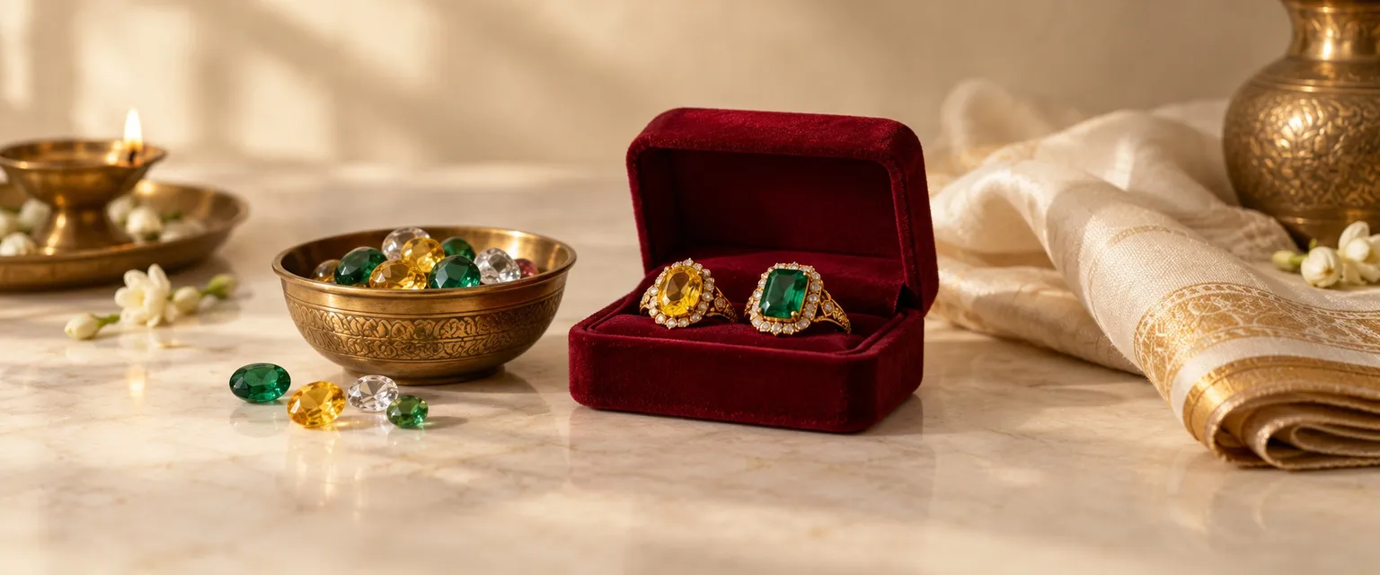 A yellow sapphire ring and an emerald ring in a red velvet box beside loose gemstones - Gemstones for Wealth: Vedic Astrology Gem Guide