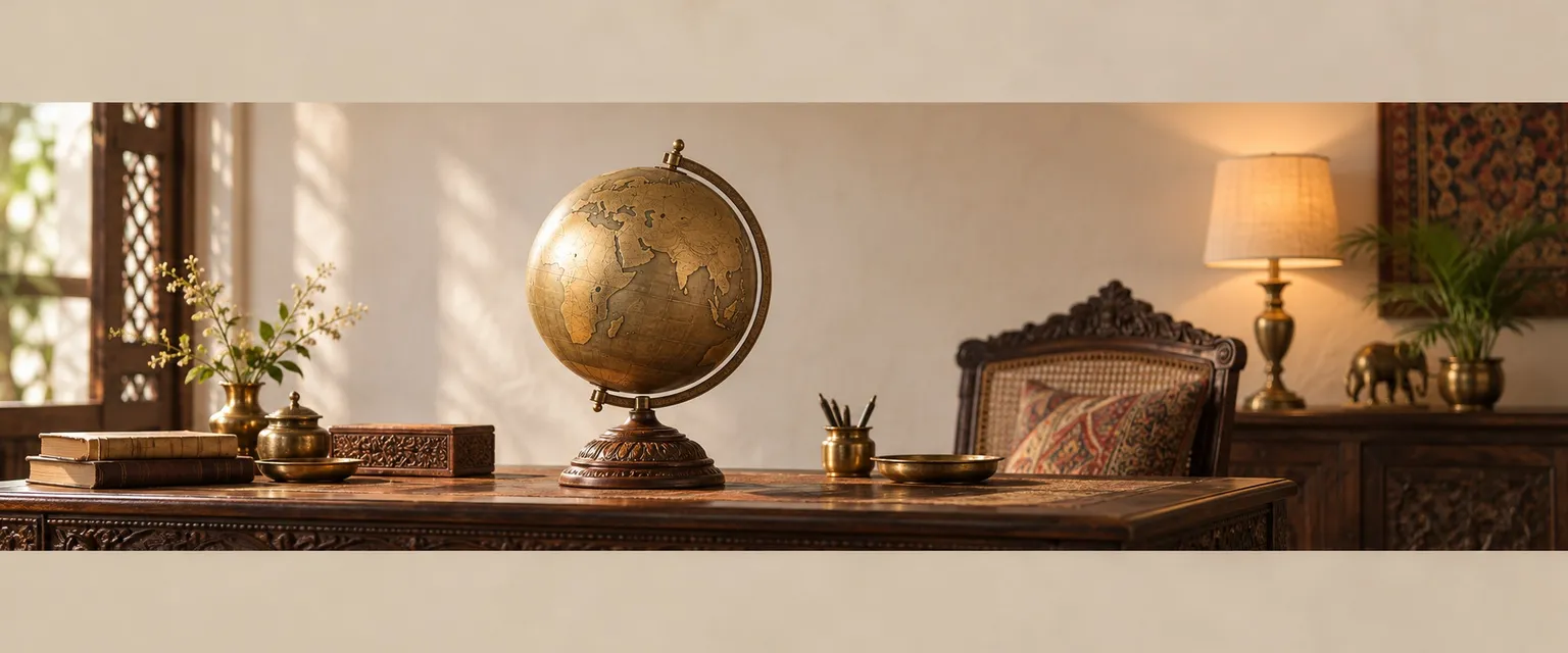 A large antique brass globe on a carved wooden stand in a study - Global Indices Astrology: Dow, Nasdaq & S&P 500 in the Vedic Tradition