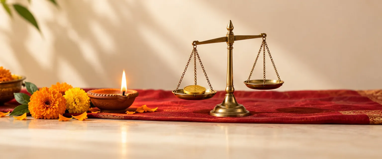 A brass jeweller's scale holding a gold coin beside marigolds and a lit diya - Gold-buying Muhurta