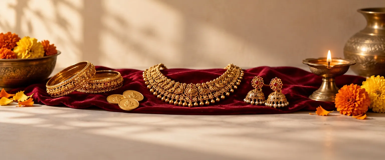 Gold jewellery and coins on red velvet beside a lit diya and marigolds - Gold Muhurat Calculator 2026