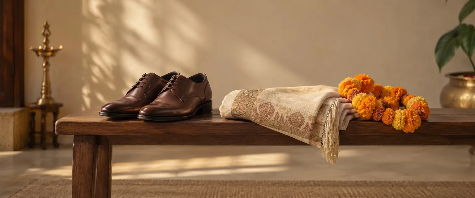 Polished office shoes beside a folded shawl and a marigold garland on a bench - Gratuity Calculator