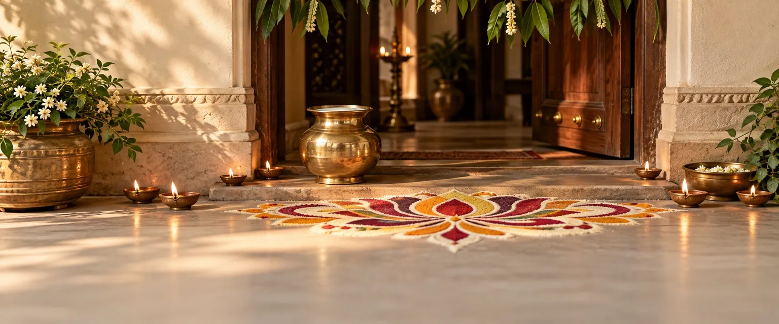 A brass kalash of milk at a threshold with rangoli and a mango-leaf toran - Griha Pravesh & Pooja Muhurta