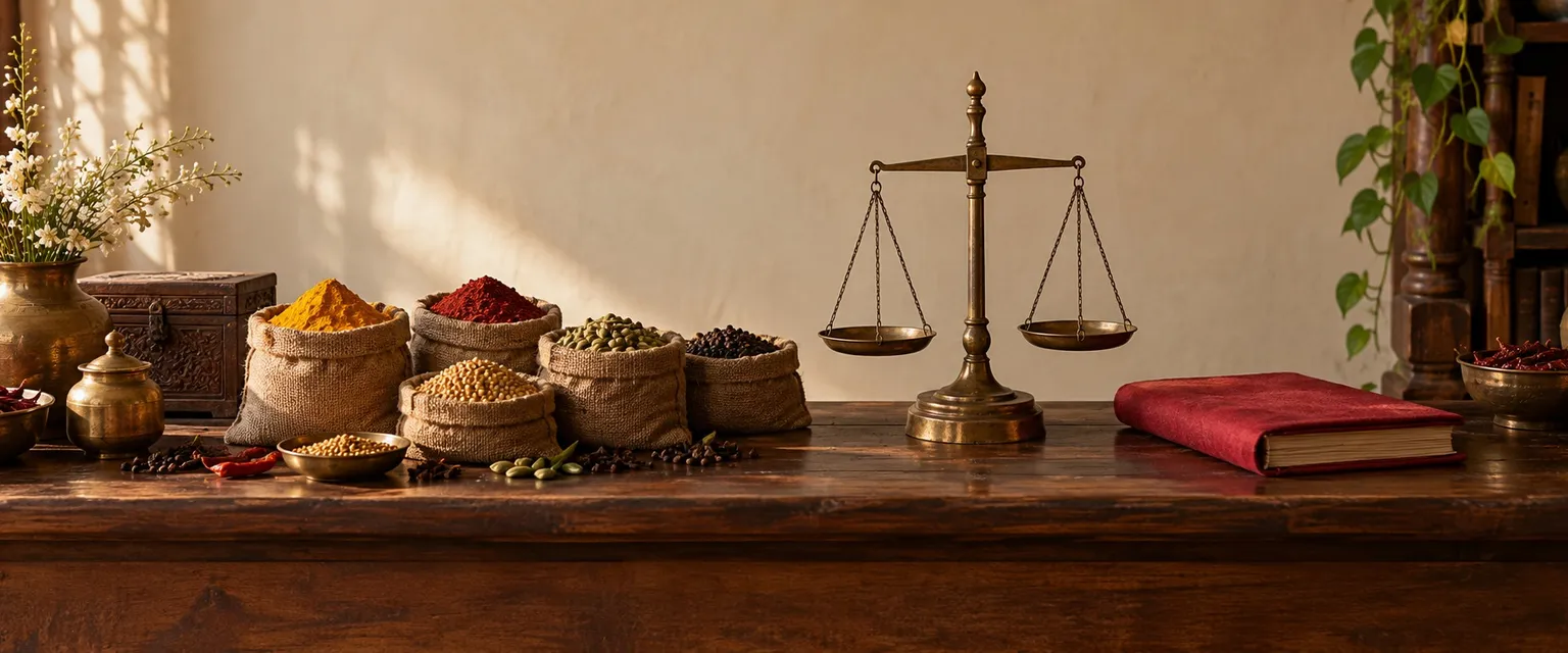 A merchant's counter with a brass weighing balance and sacks of spices and grains - GST Calculator