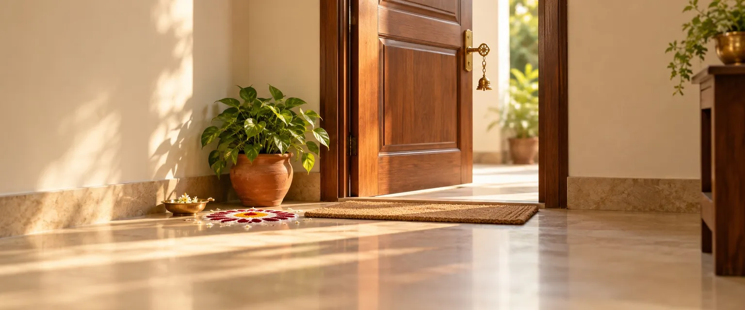 An apartment door ajar with a brass key in the lock and a rangoli by the doormat - HRA Calculator