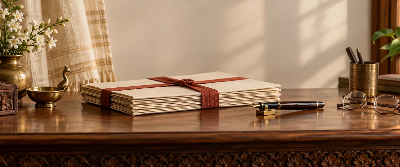 Stacked paper files tied with red tape beside a fountain pen and reading glasses - Income Tax Calculator FY 2026-27 (New vs Old Regime)