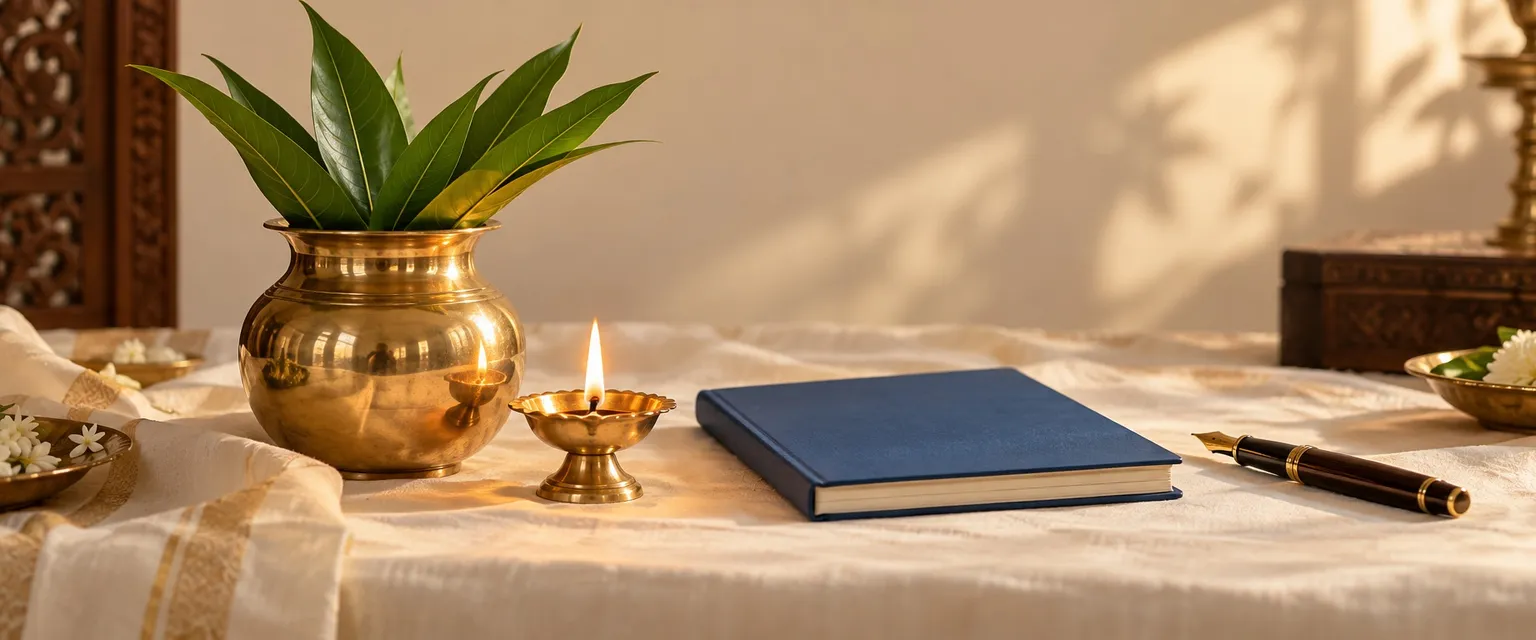 A brass kalash and a lit diya beside a closed blue booklet and a fountain pen - Savings Start Muhurat: Auspicious Timing in the Vedic Tradition