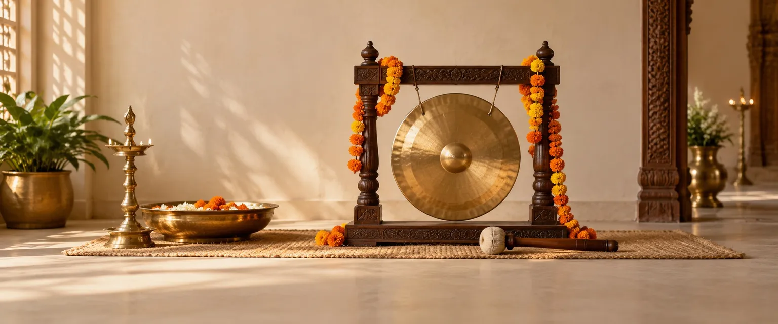 A brass ceremonial gong in a carved frame draped with marigold garlands - IPO Astrology: Listing-Day Charts in the Vedic Tradition