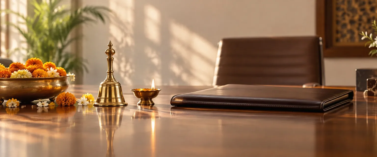 A brass bell and a lit diya beside a leather portfolio on a boardroom table - Free IPO Muhurat Finder