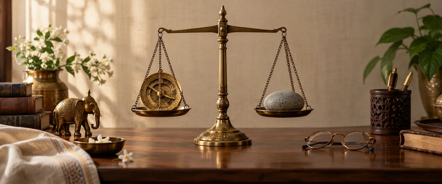 A brass balance weighing a small astrolabe against a river stone on a desk - Is Financial Astrology Real? What It Is, and Is Not