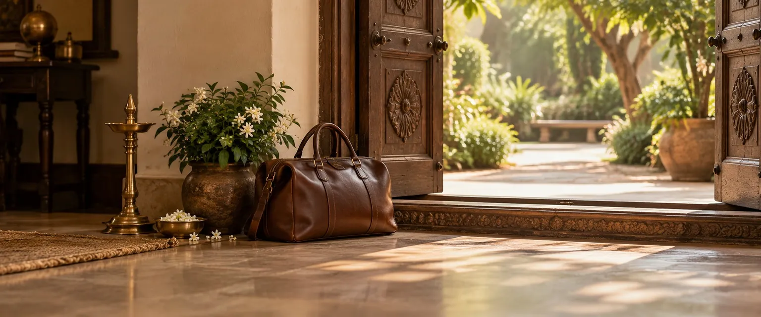 An open door from a dim study to a sunlit garden path, a leather bag beside it - Job Change Astrology: Timing Your Move