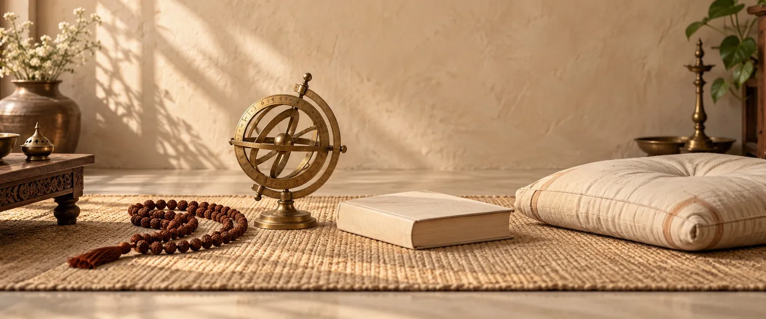 A mala, a brass astrolabe and a closed almanac beside an empty floor cushion - Join AstroCapitalX as an Astrologer