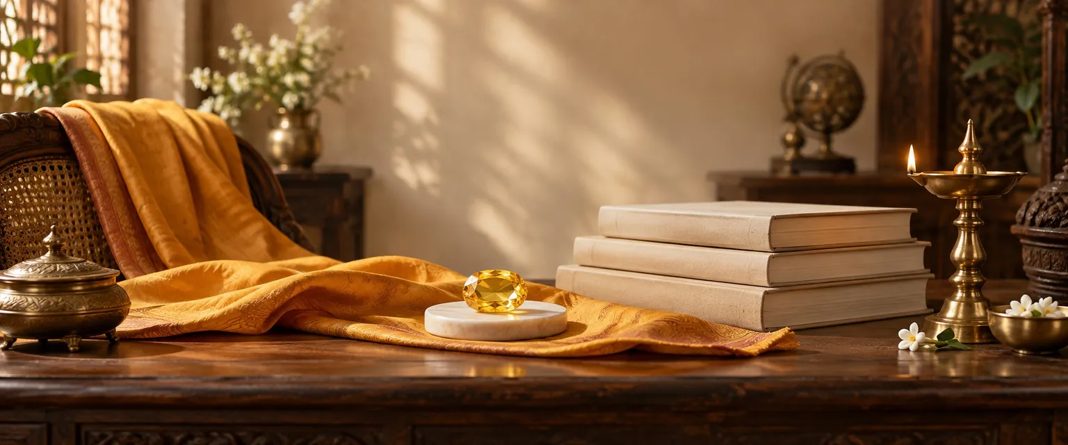 A desk with saffron cloth, a yellow sapphire, a brass lamp and stacked books - Jupiter in the 10th House: Career Wisdom