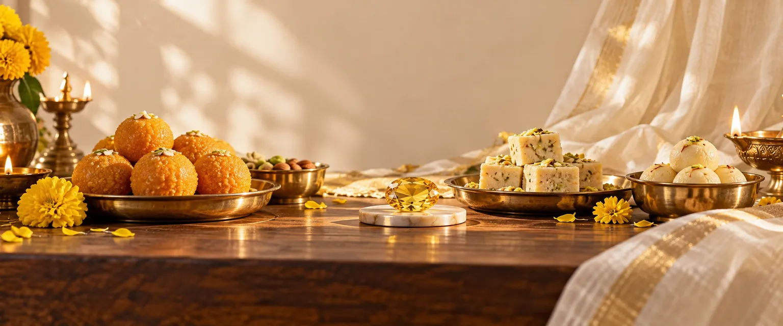 Brass plates of sweets with yellow marigolds and a yellow sapphire on a festive table - Jupiter in the 11th House: Gains & Income