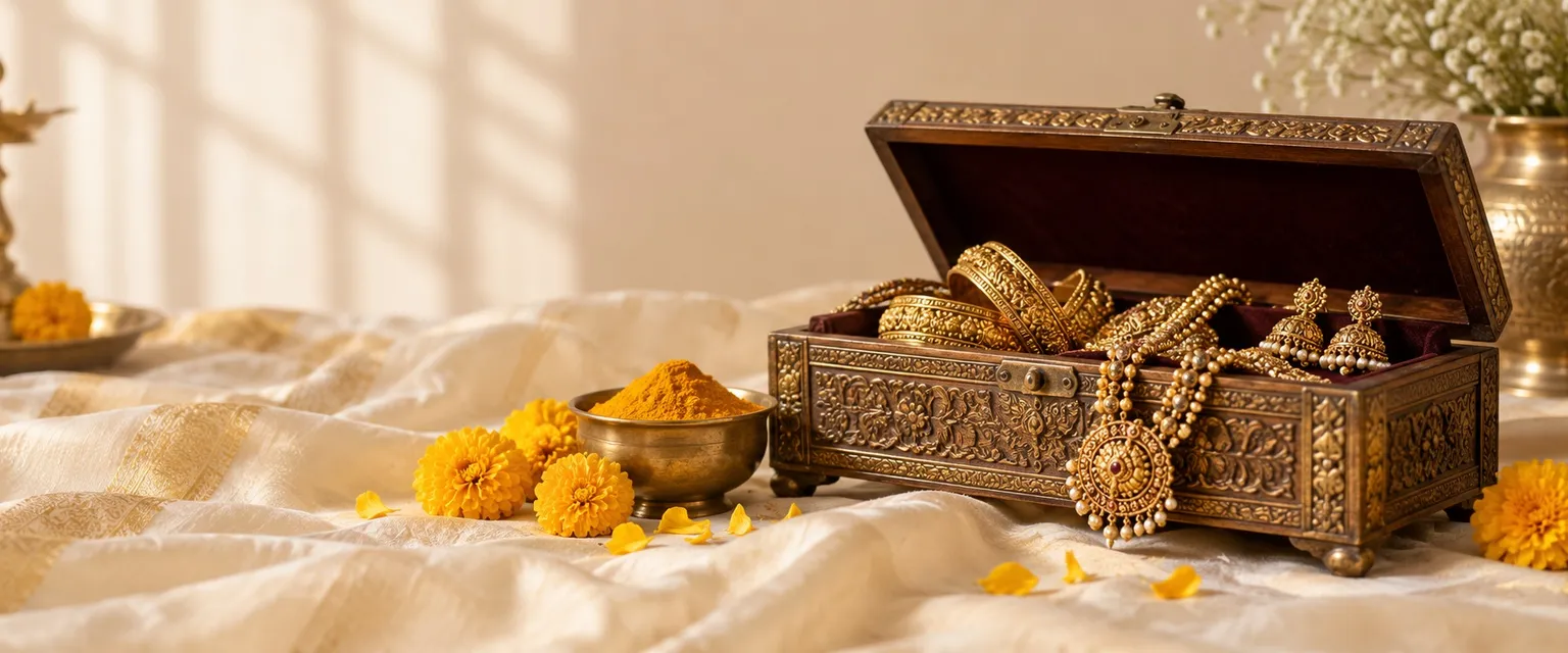 An open family jewel box with gold jewellery, turmeric and yellow flowers - Jupiter in the 2nd House: Wealth & Wisdom