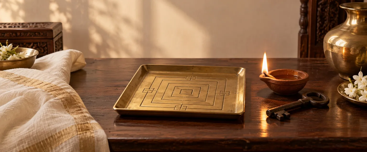 An engraved square brass plate like a fortress plan beside a lit diya and an iron key - Kota Chakra: The Fortress Chart of Vedic Astrology