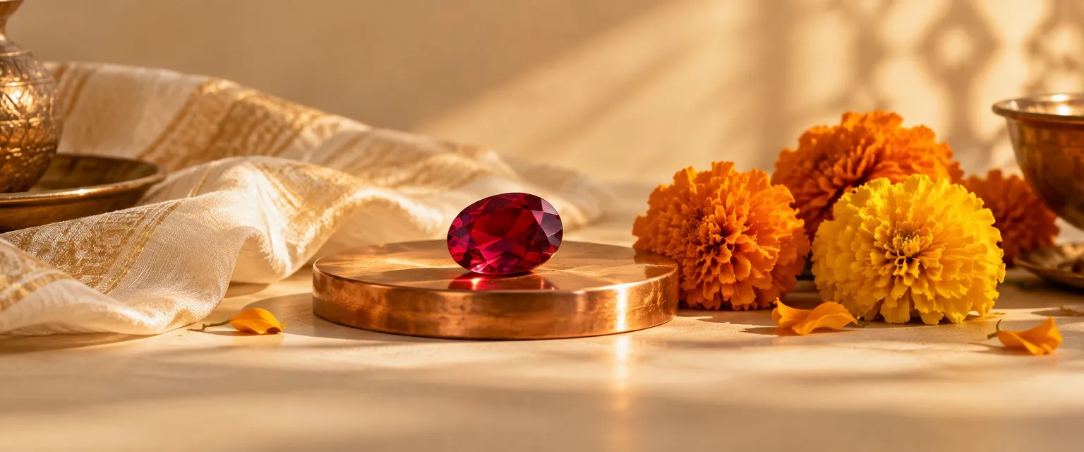 A ruby on a copper disc beside marigolds in golden sunlight - Leo Weekly Financial Horoscope: Money & Business