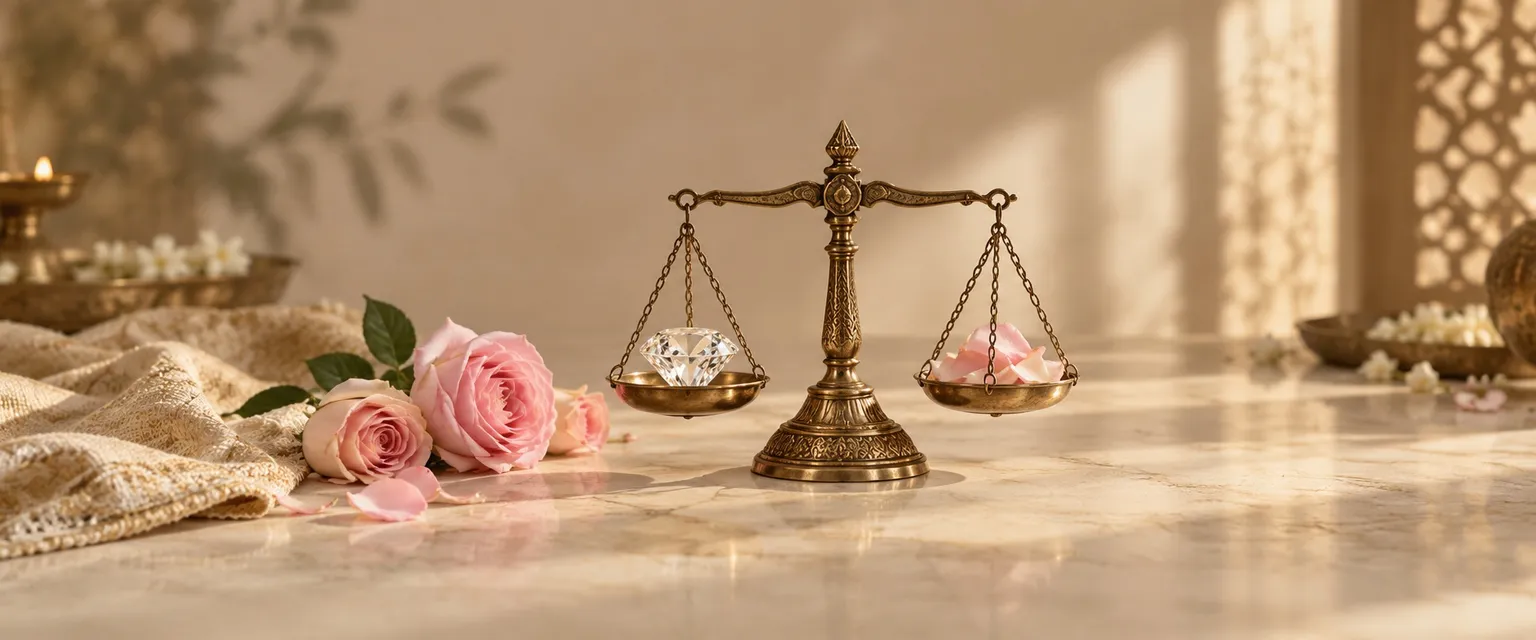 A diamond on a small brass balance beside pink roses - Libra Weekly Financial Horoscope: Money & Business