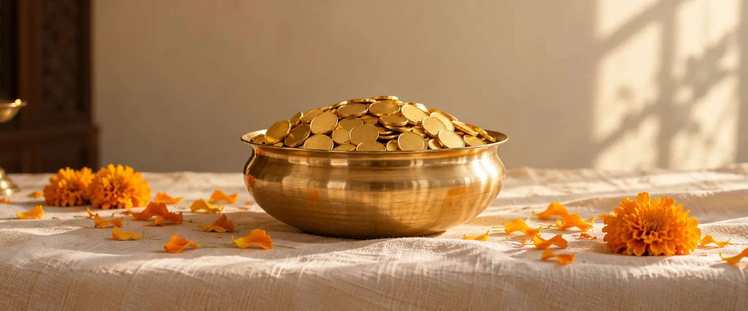 A brass bowl filled with gold coins among marigold petals - Lumpsum Calculator