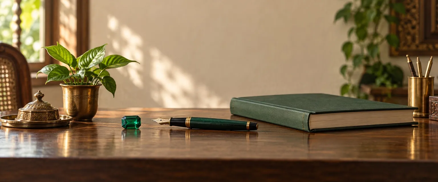 An emerald, a fountain pen and a green ledger on an office desk - Mercury in the 10th House: Career & Trade