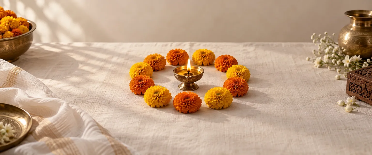 Twelve marigolds in a circle around a lit brass diya - 2026 Money Horoscope
