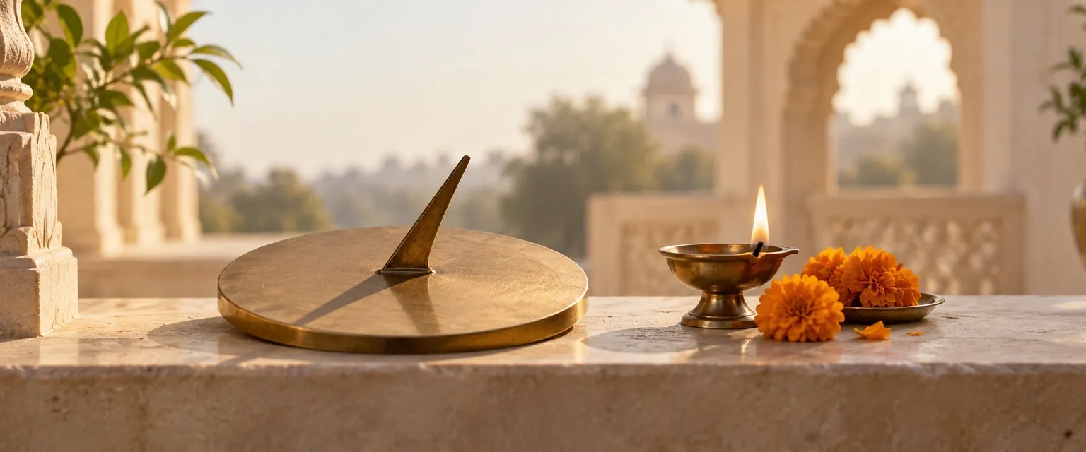 An antique brass sundial with a morning shadow beside a lit diya and marigolds - Money Muhurat Today
