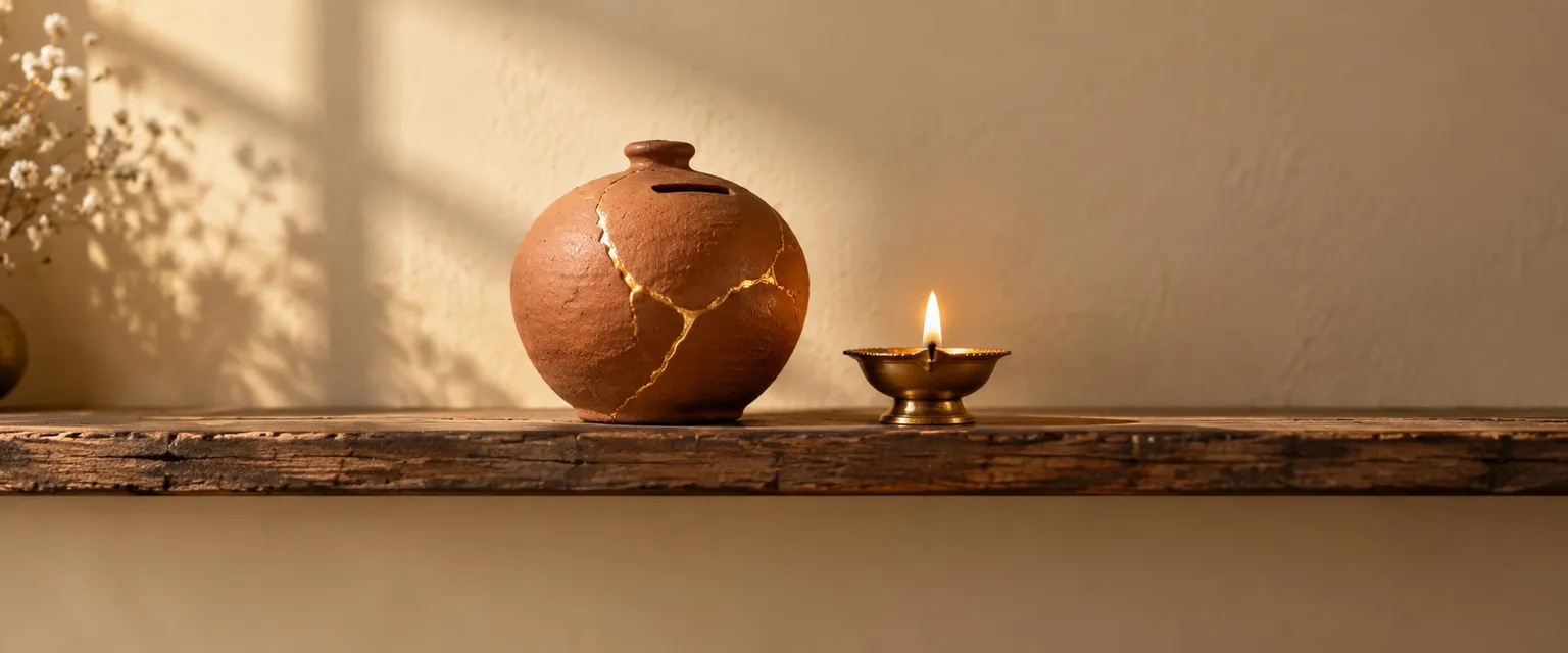 A clay money pot mended with gold seams on a shelf beside a lit diya - Money Problems Astrology: Dhana & Daridra