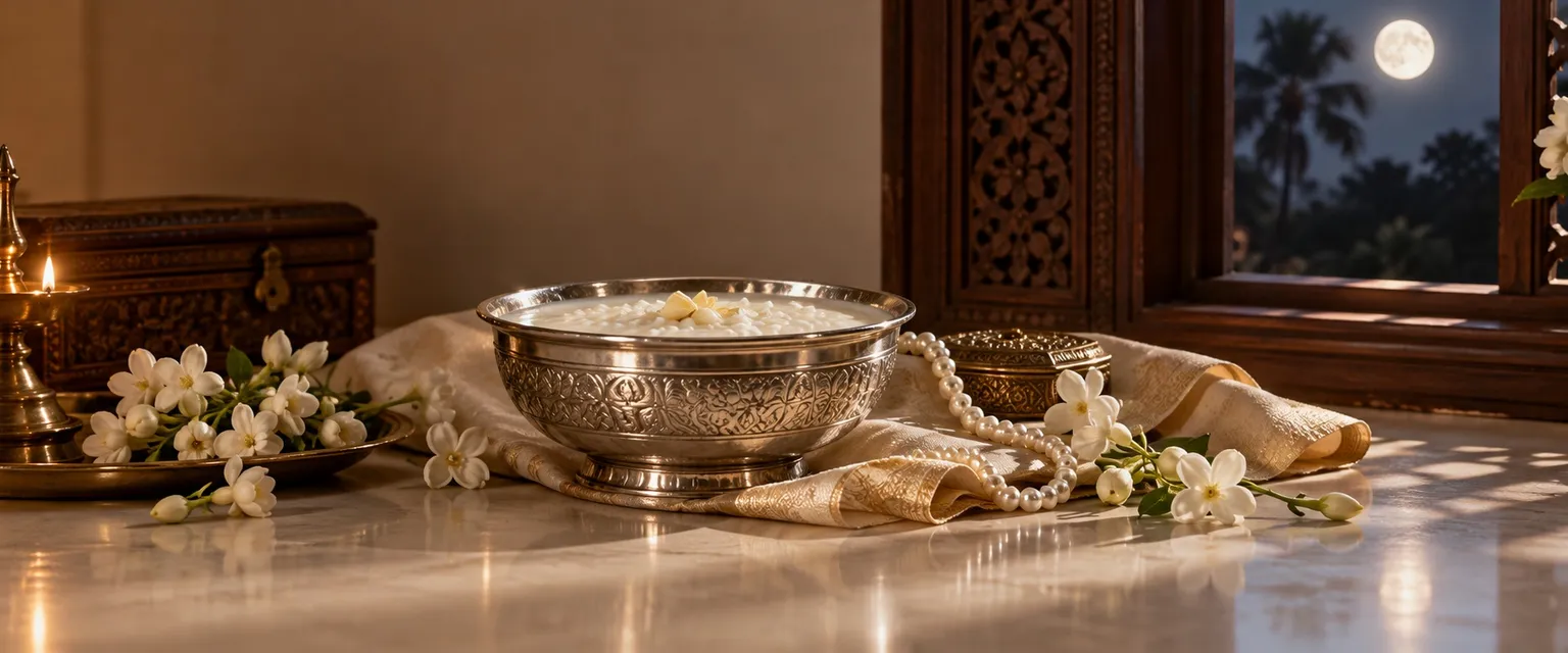 A silver bowl of rice and milk with pearls and jasmine in moonlight - Moon in the 2nd House: Wealth & Emotion
