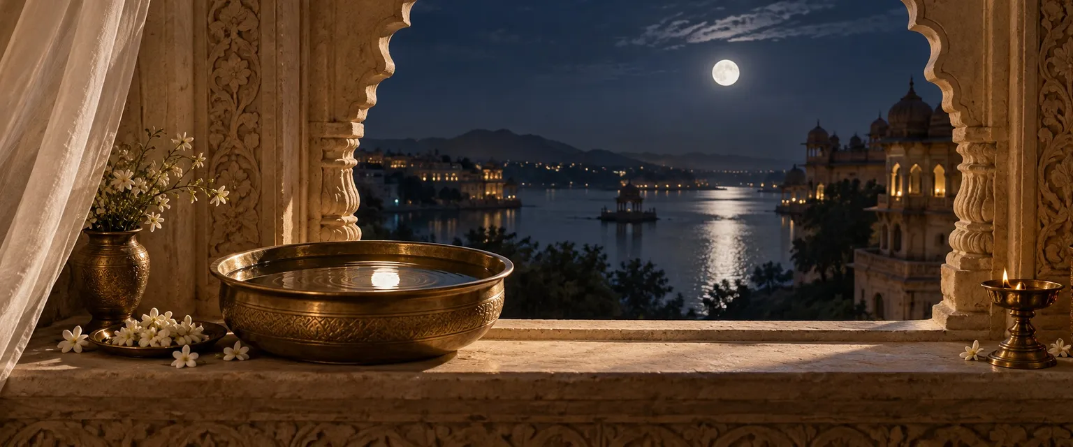 A brass bowl of water reflecting the moon on a carved window sill at night - Today's Nakshatra Finder