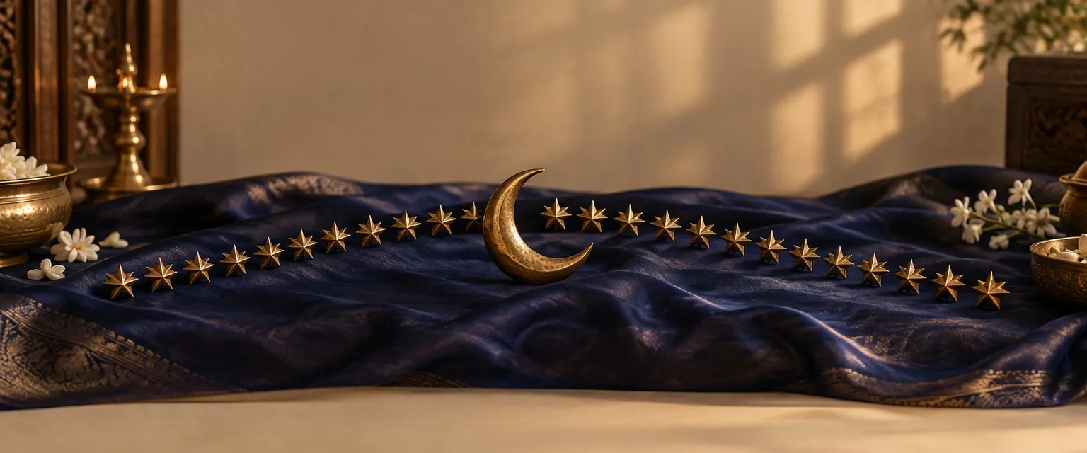 Small brass star ornaments in an arc on indigo silk around a brass crescent moon - Nakshatra and Market Sectors: Vedic Astrology Sector Guide