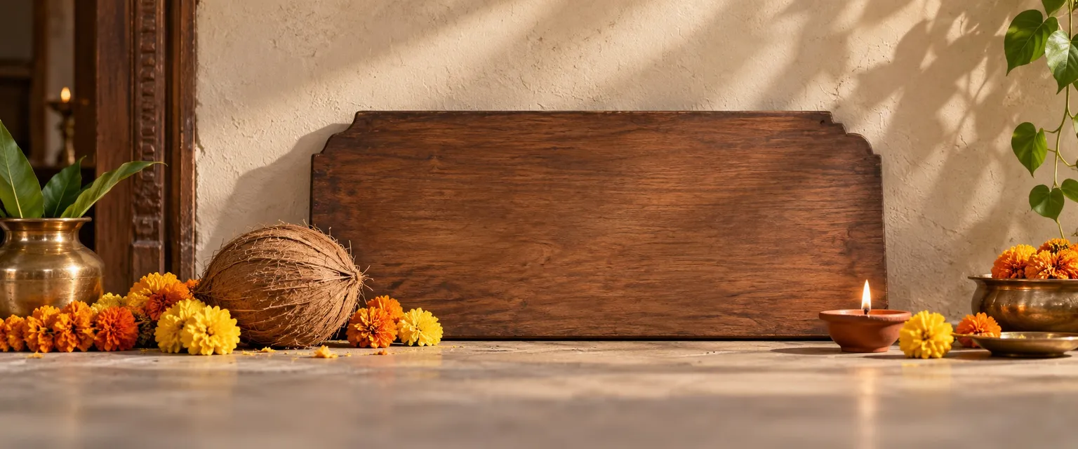 A blank wooden signboard with a coconut, marigolds and a lit diya before it - New Business Muhurat: Auspicious Start Times