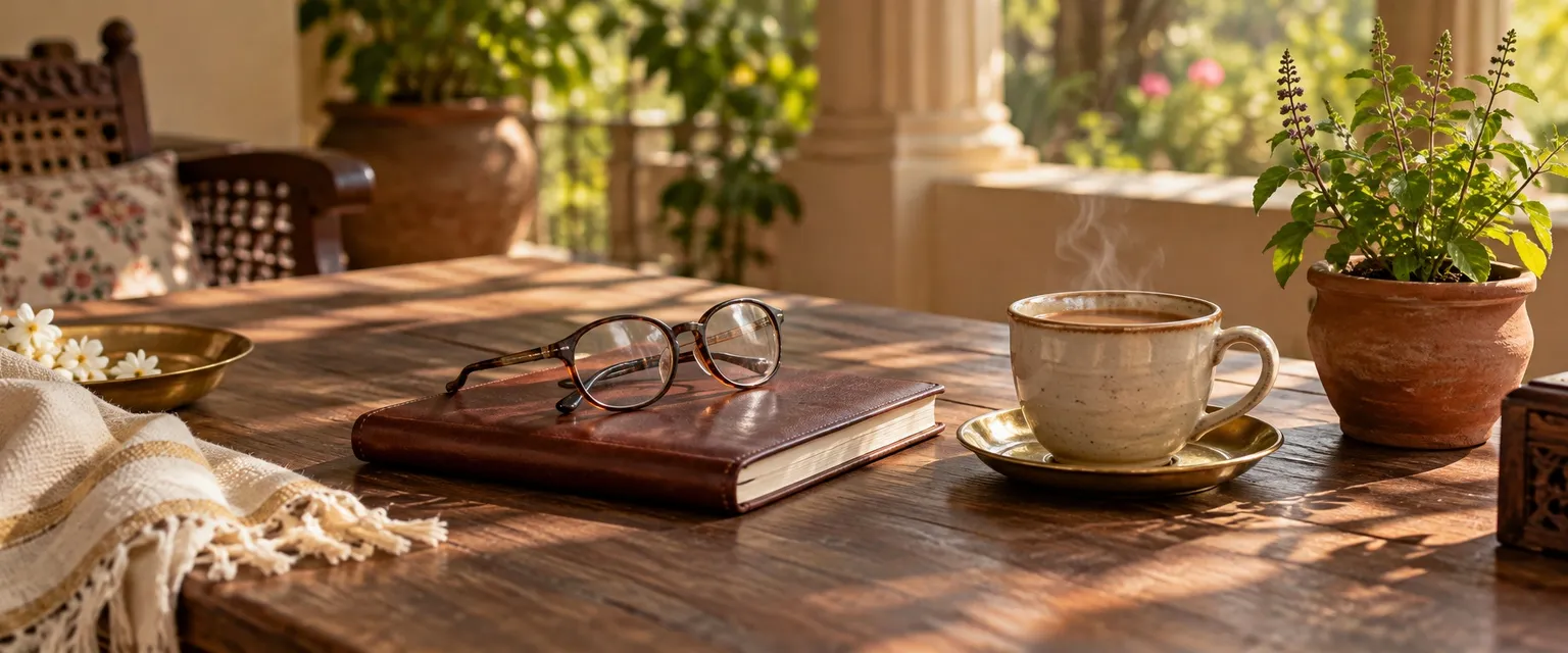 Reading glasses on a journal beside a cup of chai and a tulsi plant on a sunlit veranda - NPS Calculator
